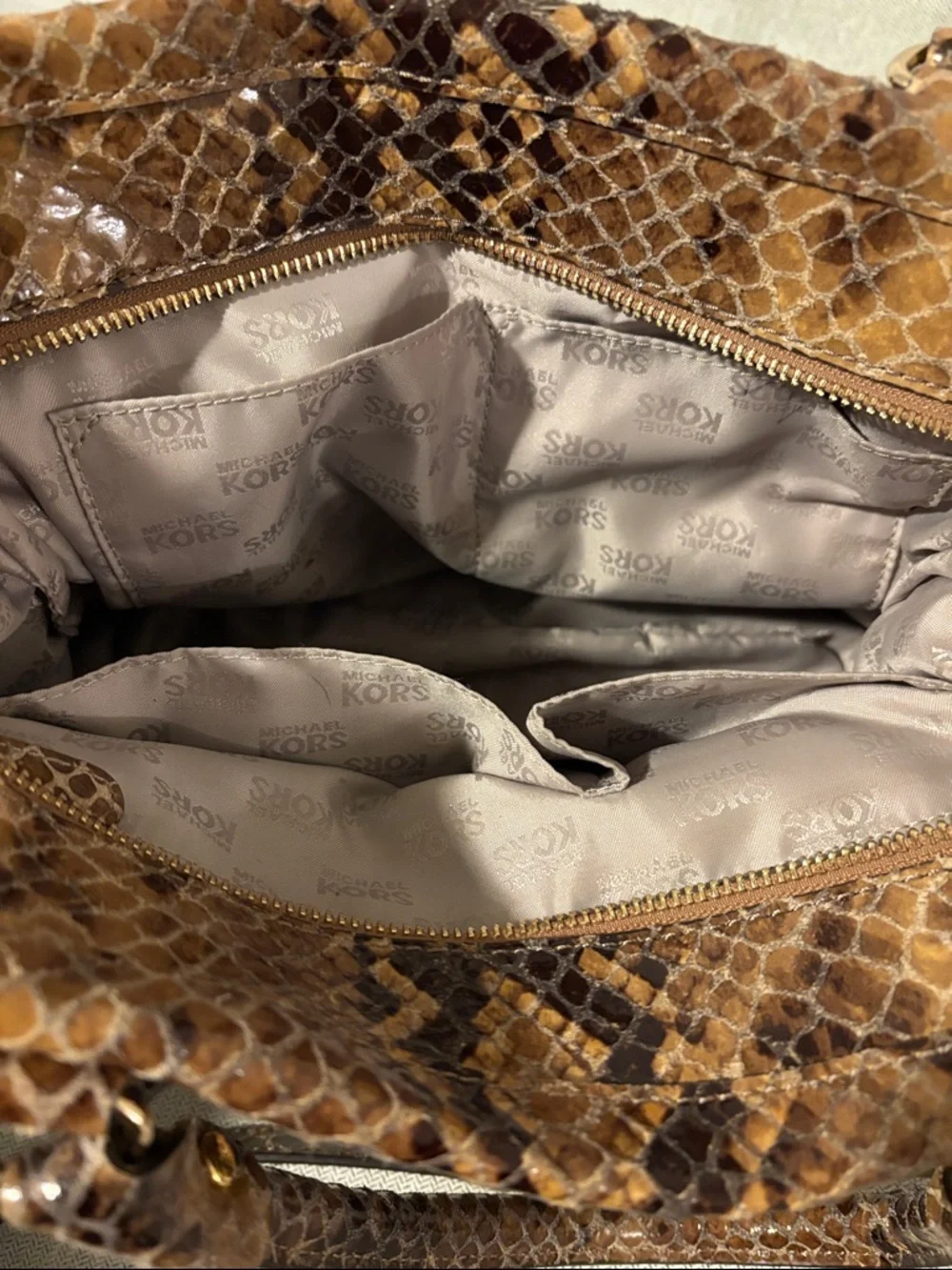 Michael Kors Brown Snake-Print Shoulder Bag with Tassel Charm